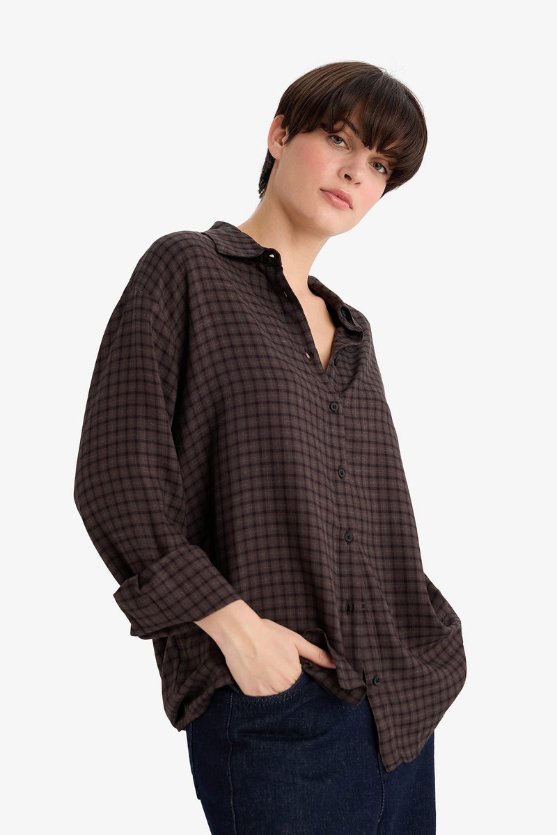 DeFacto Brown Woman Regular Fit Shirt Collar Flanel Plaid Long Sleeve Shirt Casual - Image 3