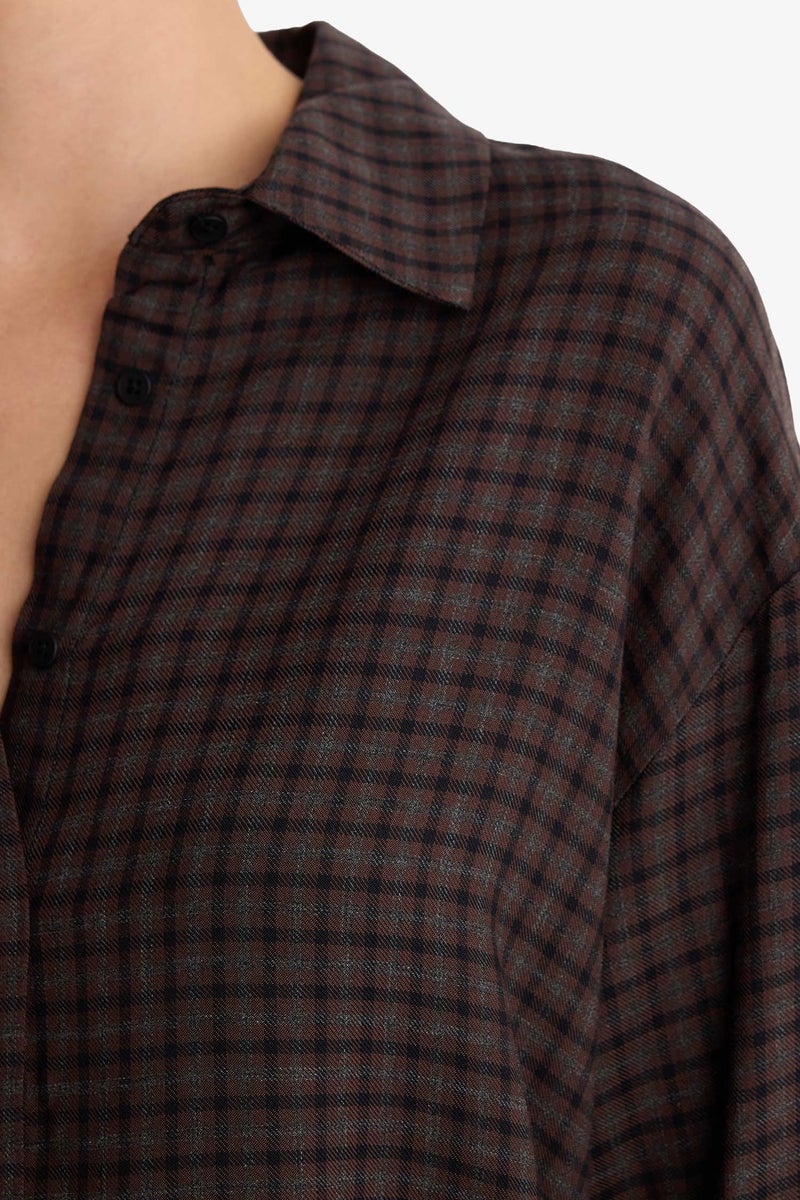 DeFacto Brown Woman Regular Fit Shirt Collar Flanel Plaid Long Sleeve Shirt Casual - Image 4