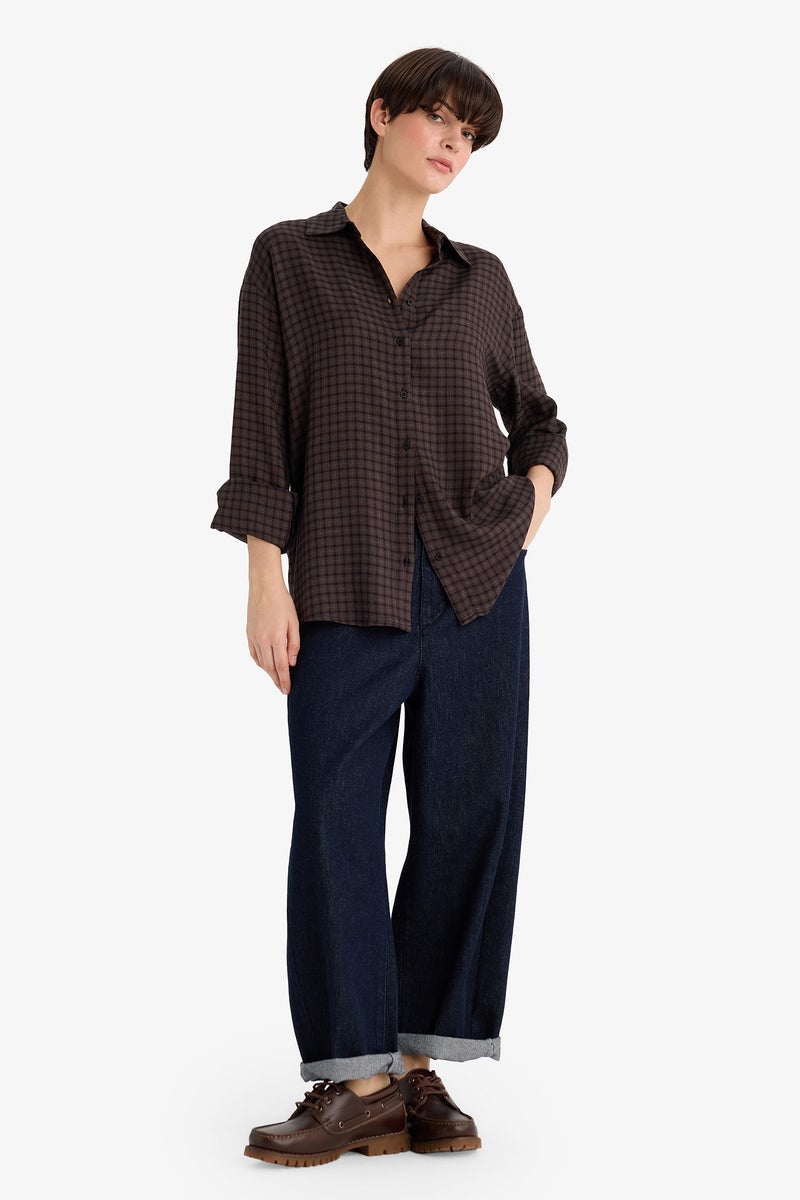 DeFacto Brown Woman Regular Fit Shirt Collar Flanel Plaid Long Sleeve Shirt Casual - Image 2