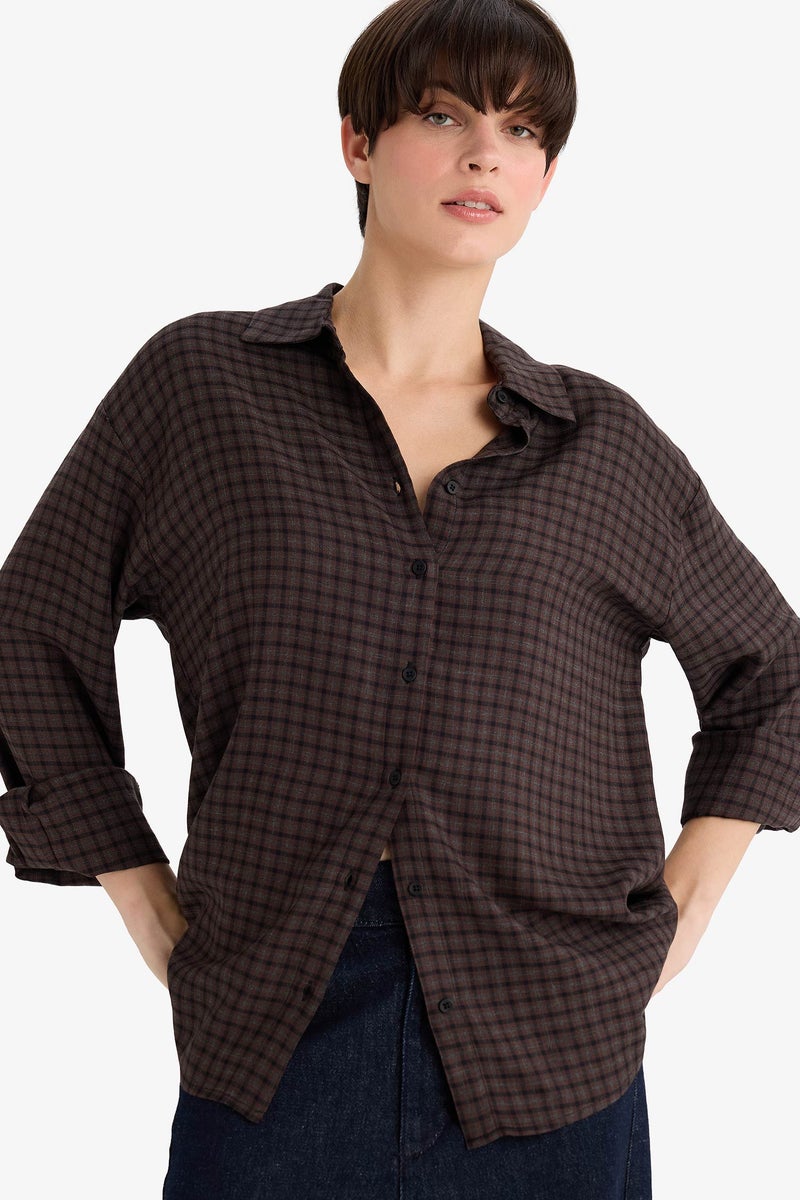 DeFacto Brown Woman Regular Fit Shirt Collar Flanel Plaid Long Sleeve Shirt Casual - Image 1