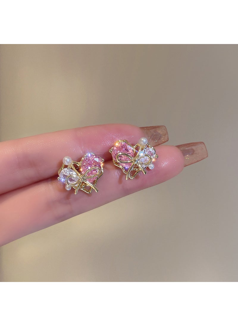 Generic - Pink Butterfly Knot Summer Luxury Crystal Earrings Women Fresh Sweet Style Small Design Heart Earrings Electroplated E37 Pink Love - Image 1