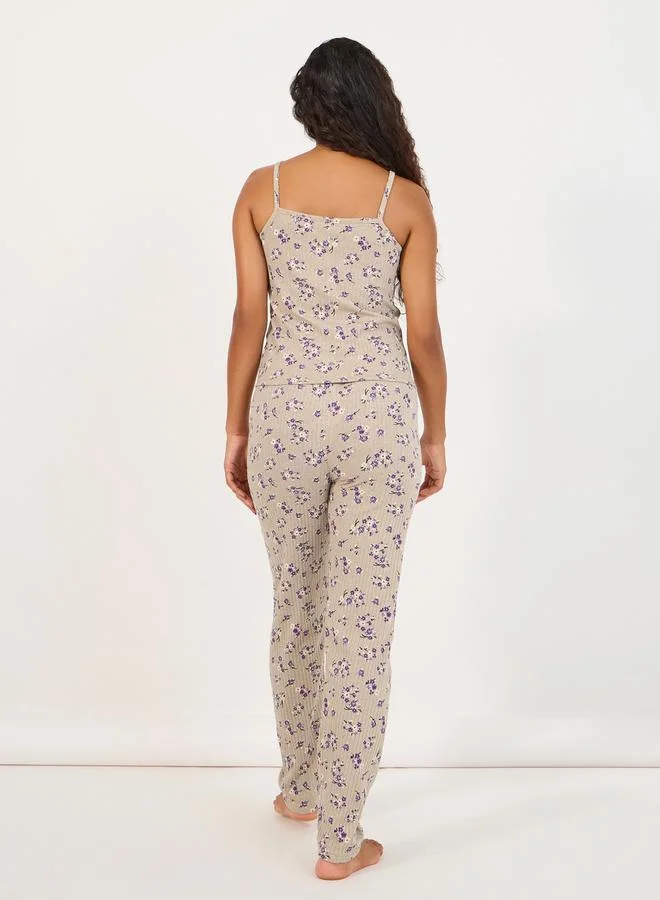 Styli All Over Floral Print Rib Cami & Pyjama Set
