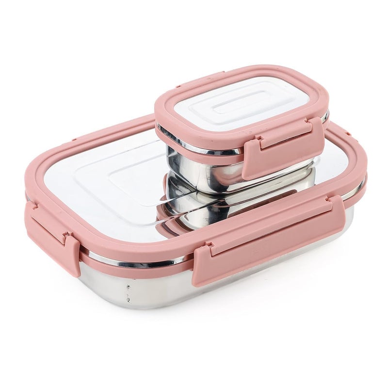 BLLUEX Stainless Steel Tiffin Lunch Box with 4 Side Silicone Sleeve Clip Lock Lid, Food Storage Containers, Leak-Proof Bento Box Ideal for Work, School & Travel, 2 Containers (750ml and 250ml) - Pink  - Image 1