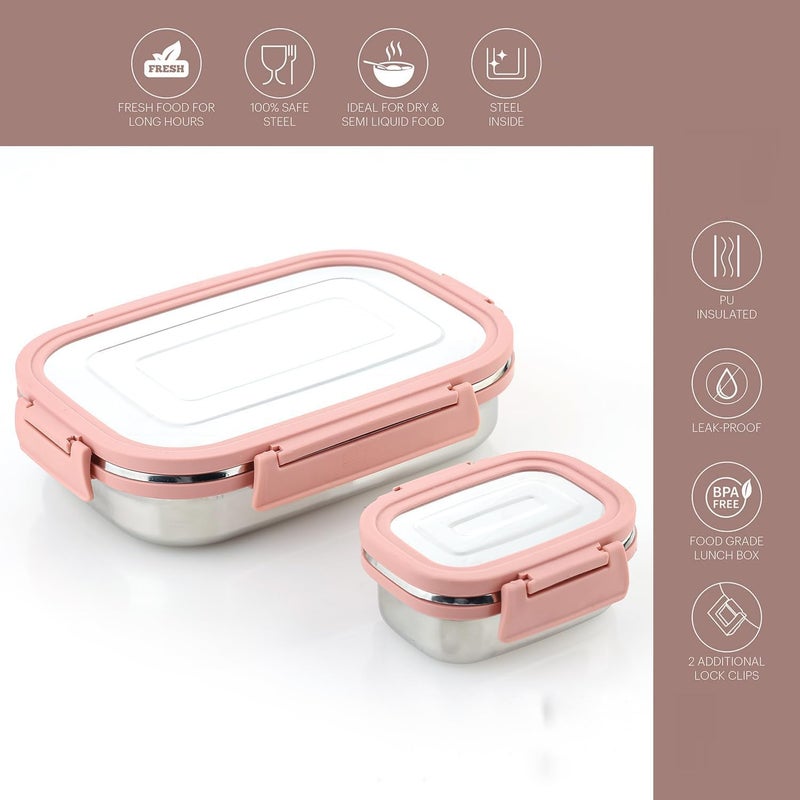 BLLUEX Stainless Steel Tiffin Lunch Box with 4 Side Silicone Sleeve Clip Lock Lid, Food Storage Containers, Leak-Proof Bento Box Ideal for Work, School & Travel, 2 Containers (750ml and 250ml) - Pink  - Image 2