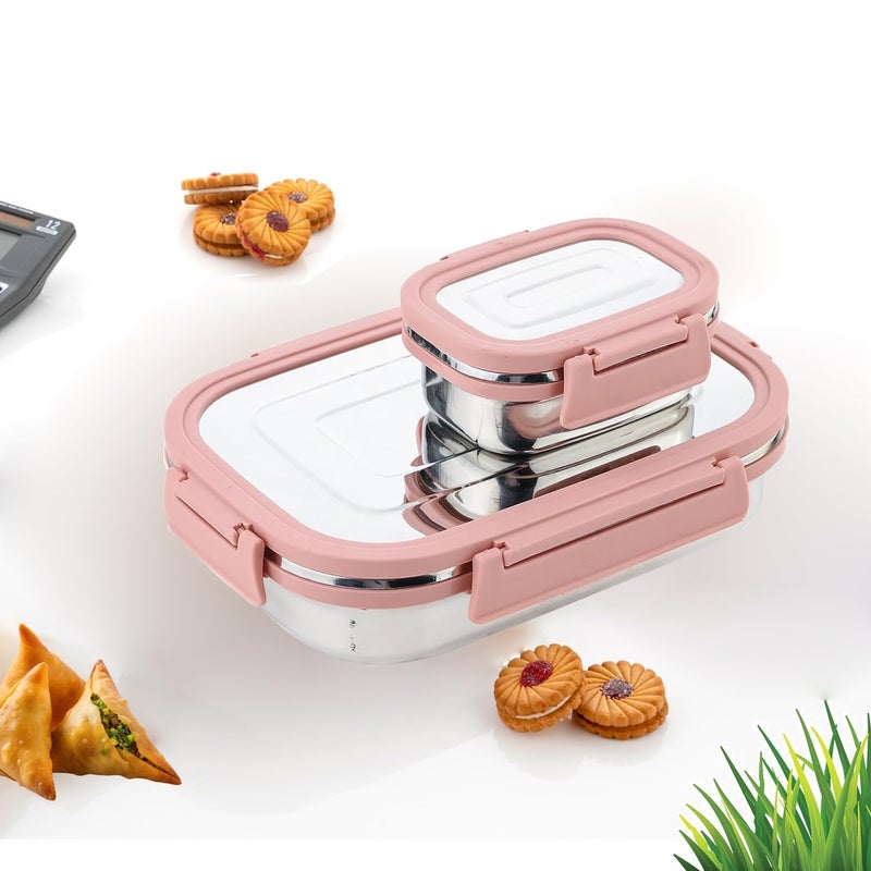 BLLUEX Stainless Steel Tiffin Lunch Box with 4 Side Silicone Sleeve Clip Lock Lid, Food Storage Containers, Leak-Proof Bento Box Ideal for Work, School & Travel, 2 Containers (750ml and 250ml) - Pink  - Image 3
