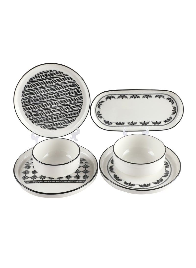 Noon East 14 Piece Porcelain Breakfast Set | Serves 6 | 6 Salad Plates, 2 Oval Plates, 4 Small Bowls, 2 Big Bowls | Dishwasher and Microwave Safe | Black Pattern Design - Image 5