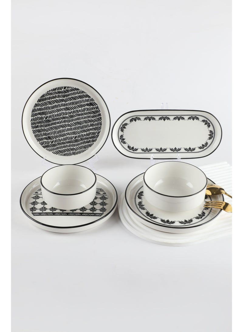 Noon East 14 Piece Porcelain Breakfast Set | Serves 6 | 6 Salad Plates, 2 Oval Plates, 4 Small Bowls, 2 Big Bowls | Dishwasher and Microwave Safe | Black Pattern Design - Image 4