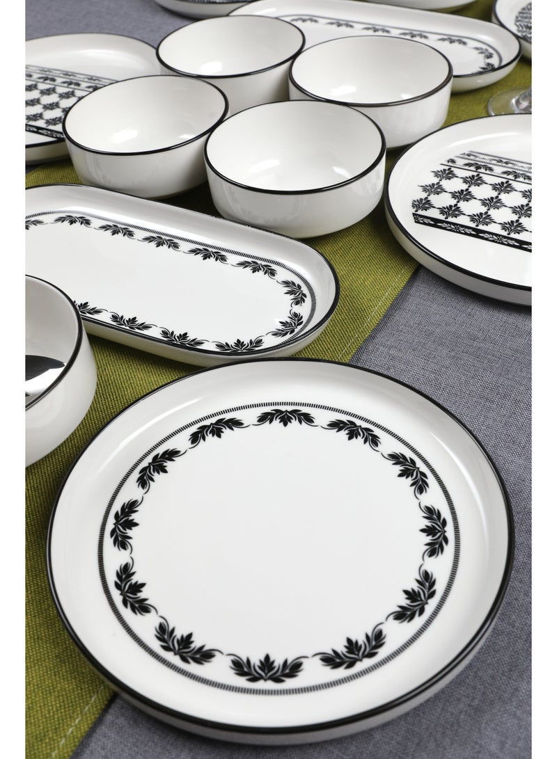 Noon East 14 Piece Porcelain Breakfast Set | Serves 6 | 6 Salad Plates, 2 Oval Plates, 4 Small Bowls, 2 Big Bowls | Dishwasher and Microwave Safe | Black Pattern Design - Image 3