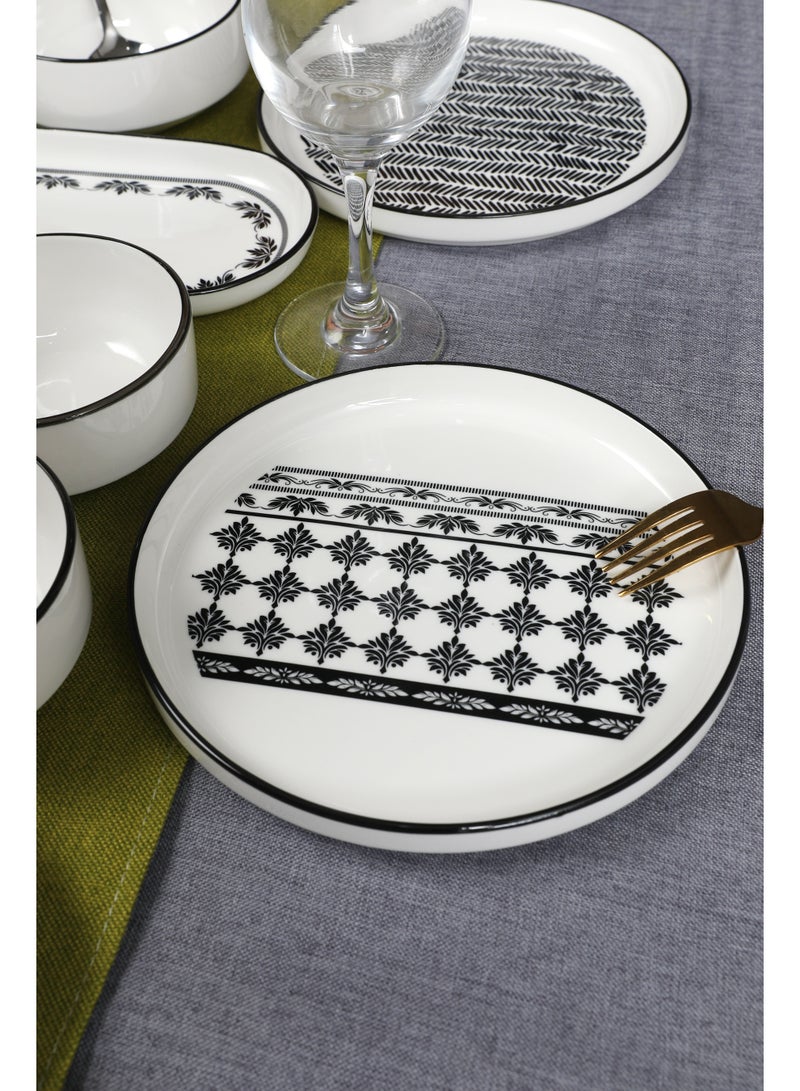 Noon East 14 Piece Porcelain Breakfast Set | Serves 6 | 6 Salad Plates, 2 Oval Plates, 4 Small Bowls, 2 Big Bowls | Dishwasher and Microwave Safe | Black Pattern Design - Image 2