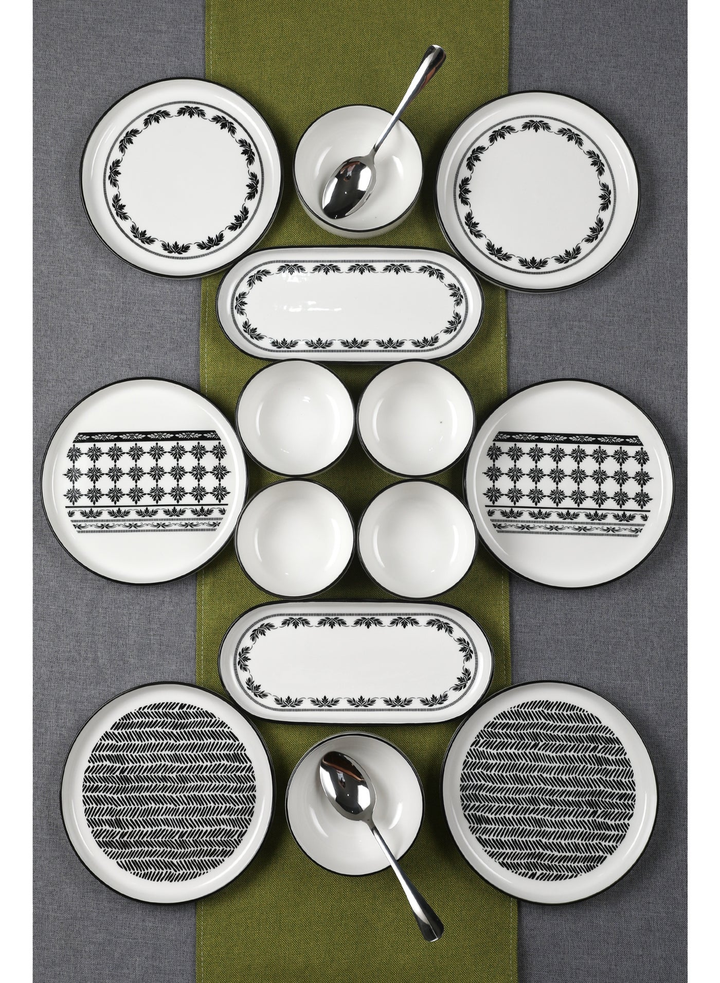 14 Piece Porcelain Breakfast Set | Serves 6 | 6 Salad Plates, 2 Oval Plates, 4 Small Bowls, 2 Big Bowls | Dishwasher and Microwave Safe | Black Pattern Design