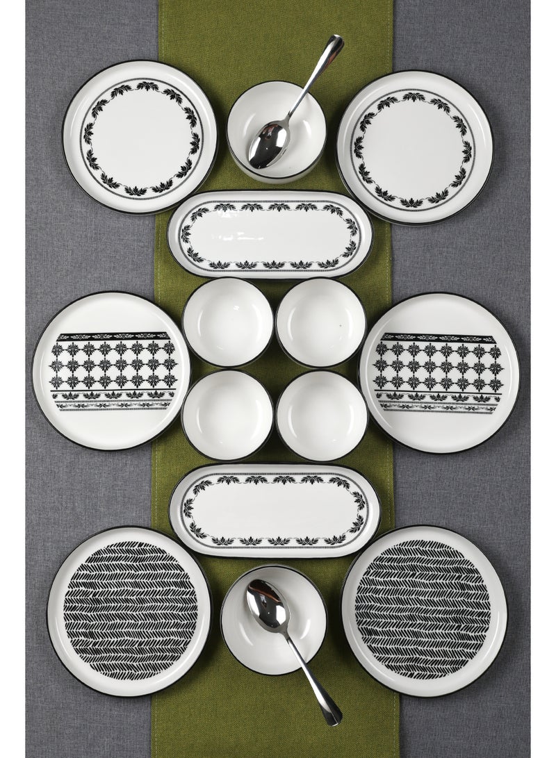 Noon East 14 Piece Porcelain Breakfast Set | Serves 6 | 6 Salad Plates, 2 Oval Plates, 4 Small Bowls, 2 Big Bowls | Dishwasher and Microwave Safe | Black Pattern Design - Image 1