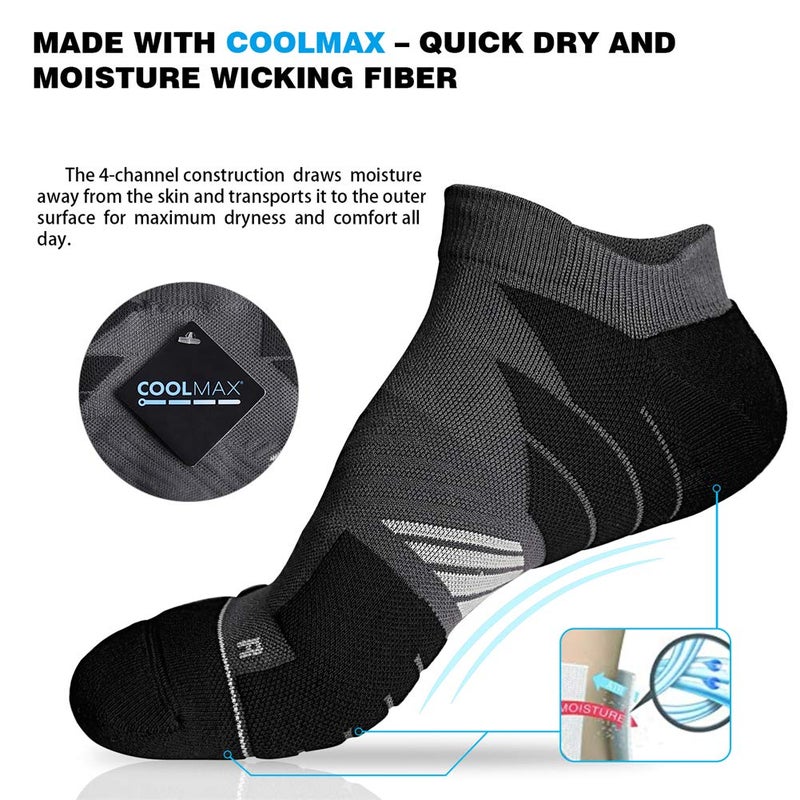 Hylaea No Show Running Socks Men, Moisture Wicking Athletic Tab Socks, No Blister, Coolmax Cushion Padded, ideal for Sports, Golf, Runner, Gym, Workout, Tennis, Low Cut, Gray Black Large, 3 Pairs - Image 3