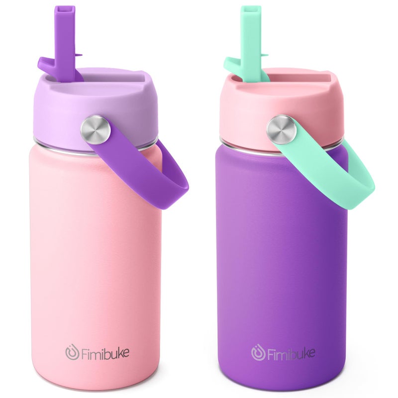 Fimibuke Kids Insulated Water Bottle - 14oz BPA-FREE 18/8 Stainless Steel Travel Tumbler Leak Proof Double Wall Vacuum Kids Cup with Straw Metal Water Bottle for School Boys Girlsï¼ˆ2 Pack, Macaronï¼‰ - Image 1
