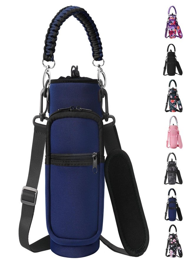 AceTreker 32 oz 40 oz Water Bottle Holder Bag with Strap, Neoprene Water Bottle Carrier with Paracord Handle, Sport Bottle Sleeve Sling Bag with Pocket for Travelling, Walking, Camping-Navy - Image 1