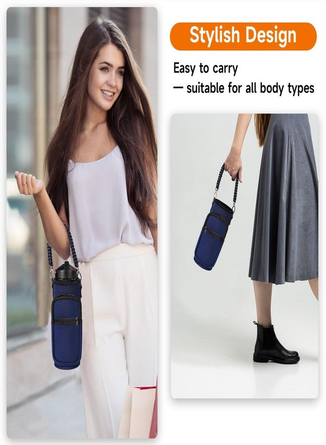 AceTreker 32 oz 40 oz Water Bottle Holder Bag with Strap, Neoprene Water Bottle Carrier with Paracord Handle, Sport Bottle Sleeve Sling Bag with Pocket for Travelling, Walking, Camping-Navy - Image 3