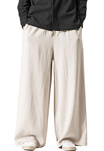 بنطلونات لينين للرجال من فلايجو، بنطلونات واسعة الساق، بنطلونات كاجوال صيفية، بنطلونات قطنية بخصر مرن، بنطلونات يوجا، بنطلونات شاطئية، بنطلونات بالازو، بيج، م