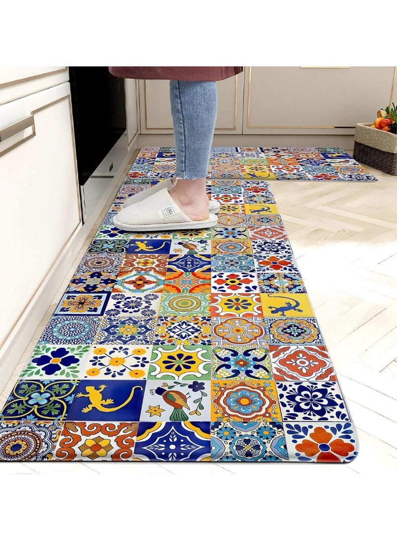 2 Pcs Boho Floral Kitchen Floor Mat Set, Memory Foam Anti-Fatigue Non-Skid Water & Oil Proof Runner Rug, 19.7x31.5 + 19.7x63 Inch - Image 1