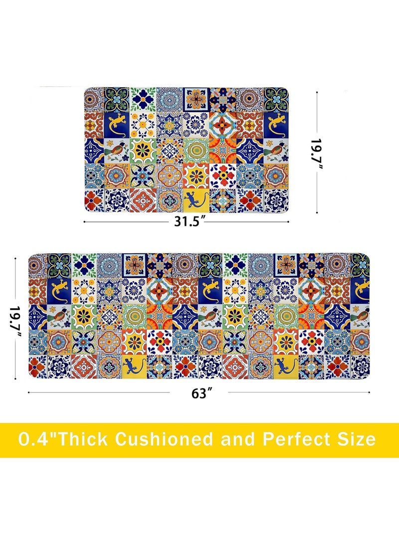 2 Pcs Boho Floral Kitchen Floor Mat Set, Memory Foam Anti-Fatigue Non-Skid Water & Oil Proof Runner Rug, 19.7x31.5 + 19.7x63 Inch - Image 4
