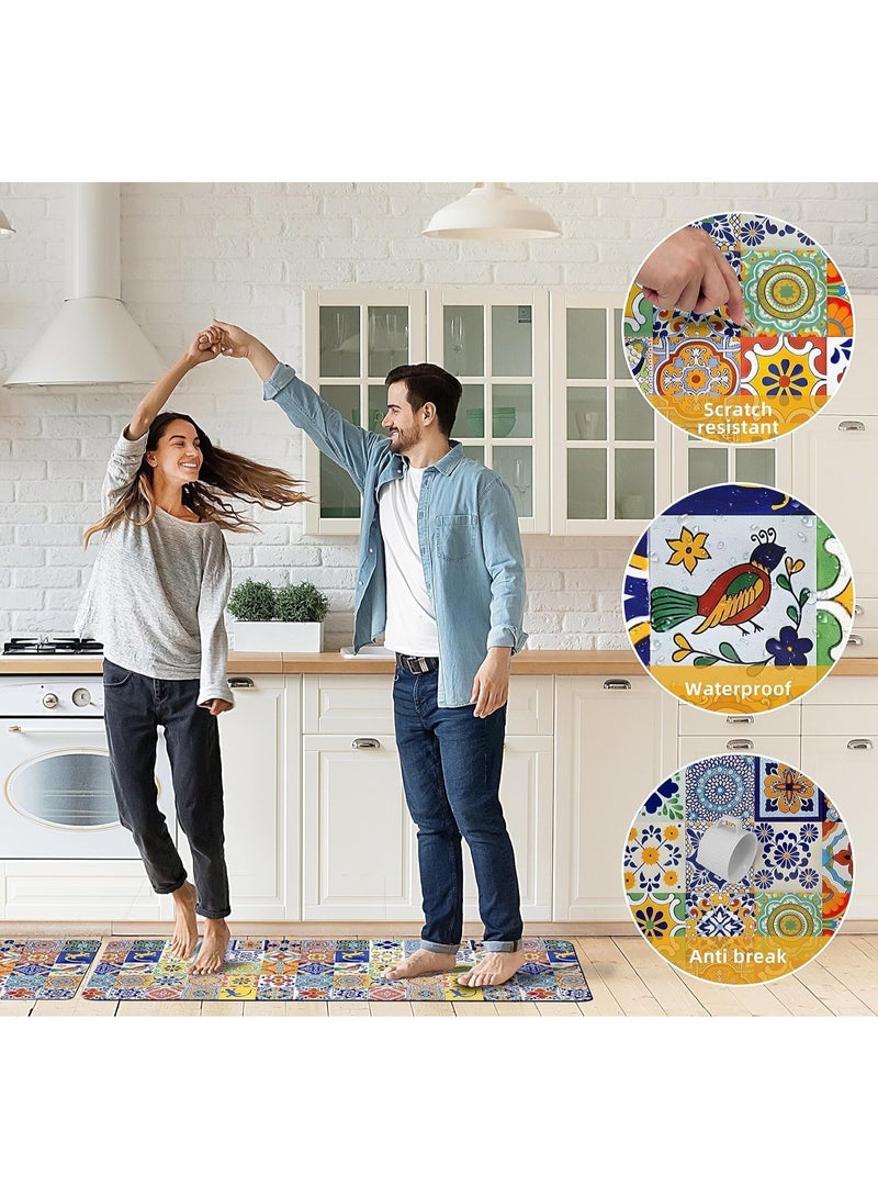 2 Pcs Boho Floral Kitchen Floor Mat Set, Memory Foam Anti-Fatigue Non-Skid Water & Oil Proof Runner Rug, 19.7x31.5 + 19.7x63 Inch - Image 5