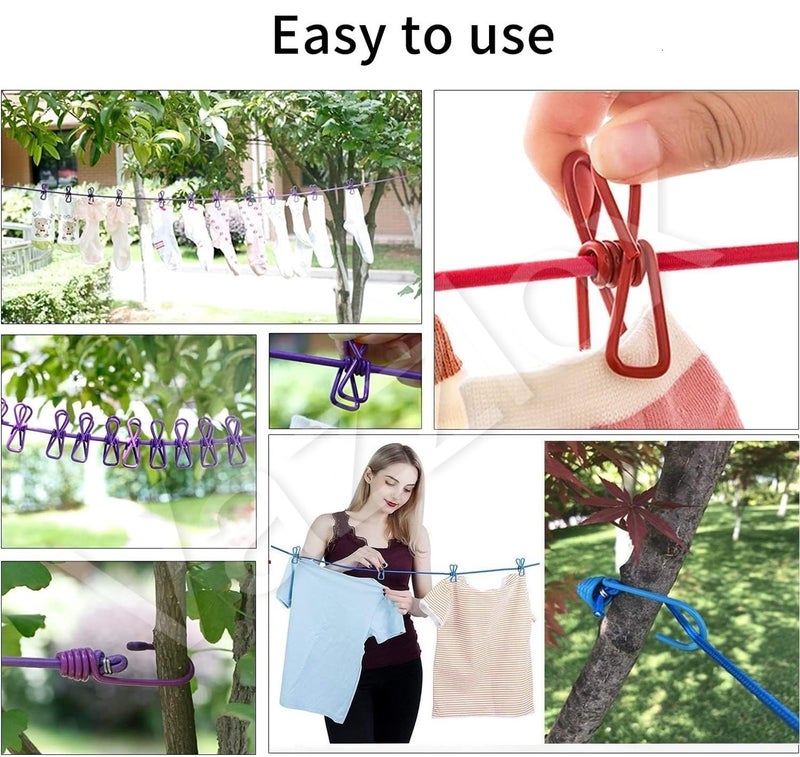 VazzLox Cloth Drying Rope with Hooks (Pack of 3) Elastic Cloth Hanging Rope for Cloth Drying with 12 Clips Cloth Rope for Drying Clothes for Travel Home Outdoor Kapde Sukhane ki Rassi Wire -Multicolor - Image 3