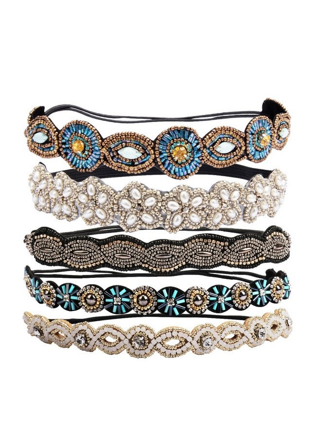 AMCAMI 5 Pieces Beaded Headband Pearls Headband Rhinestone Headbands For Women Crystal Sparkly Beaded Head Bands Hairbands Hippie Headbands For Women Elastic Headbands Hair Accessories For Women Girls… - Image 2
