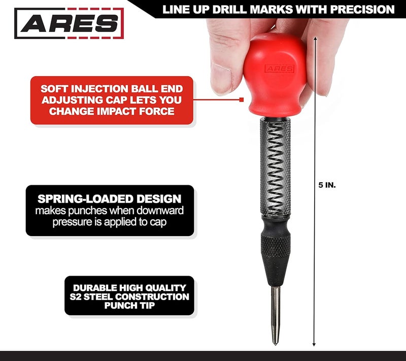 ARES 10022 - Automatic Center Punch - 5-Inch Adjustable Spring-Loaded Tool - Anti-Slip Knurled Grip - Durable S2 Steel Tip - Image 2