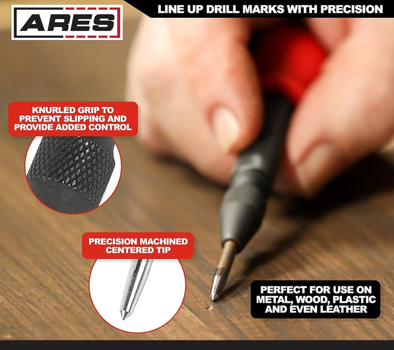 ARES 10022 - Automatic Center Punch - 5-Inch Adjustable Spring-Loaded Tool - Anti-Slip Knurled Grip - Durable S2 Steel Tip - Image 3