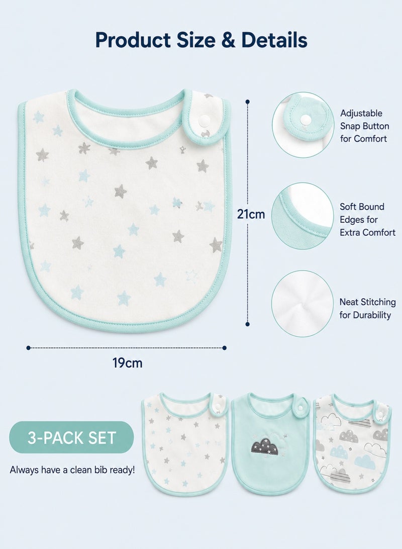 insular 3 Pack Baby Bibs, 100% Cotton Drool Bibs for Newborns and Infants, Soft Absorbent Teething Bibs with Embroidered and Printed Designs, Adjustable Snap Feeding Bibs, Unisex Baby Bandana Bibs Machine Washable - Image 3