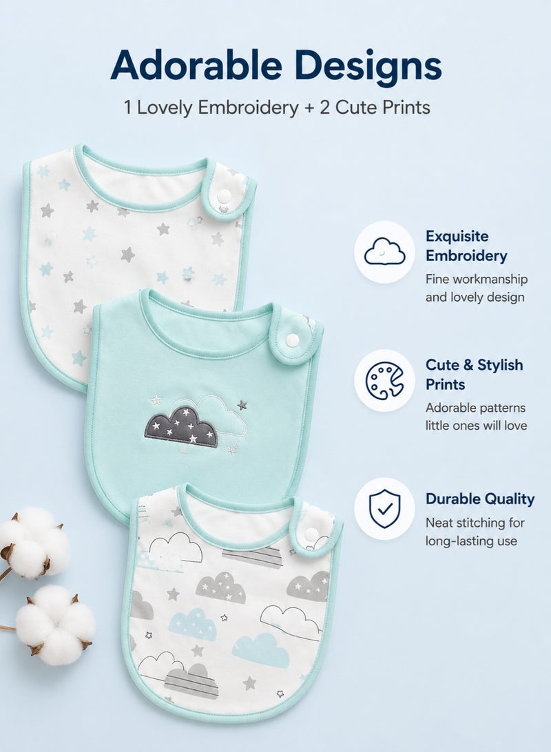 insular 3 Pack Baby Bibs, 100% Cotton Drool Bibs for Newborns and Infants, Soft Absorbent Teething Bibs with Embroidered and Printed Designs, Adjustable Snap Feeding Bibs, Unisex Baby Bandana Bibs Machine Washable - Image 4