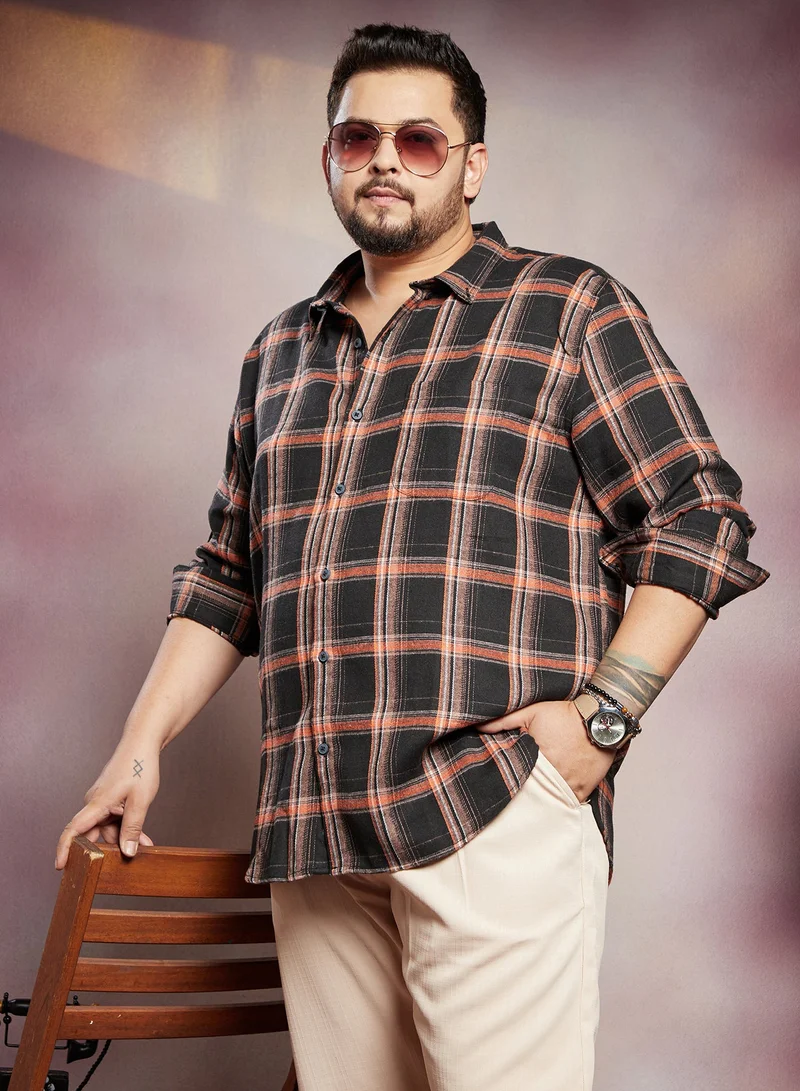 Instafab Plus Men's Onyx Black Shadow-Graph Regular Shirt For Casual Wear | Spread Collar | Long Cuffed Sleeves | Button Closure | Plus Size Shirt Crafted With Comfort Fit For Everyday Wear