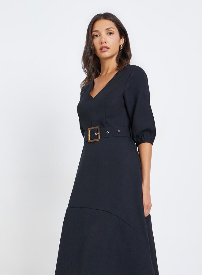 Styli Women Black Asymmetric Hem Belted Midi Dress - Image 2