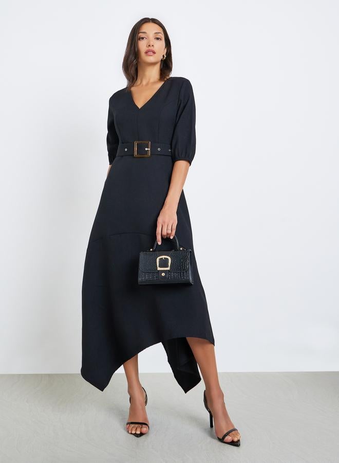 Styli Women Black Asymmetric Hem Belted Midi Dress - Image 3