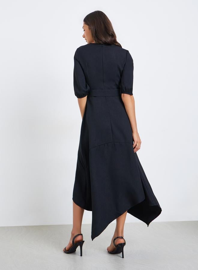 Styli Women Black Asymmetric Hem Belted Midi Dress - Image 5