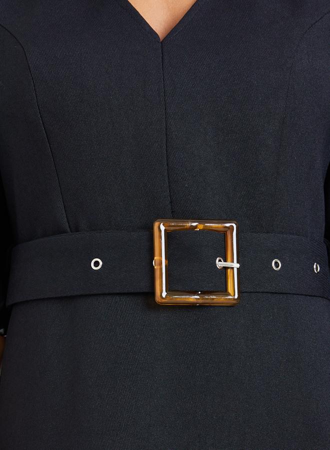 Styli Women Black Asymmetric Hem Belted Midi Dress - Image 4