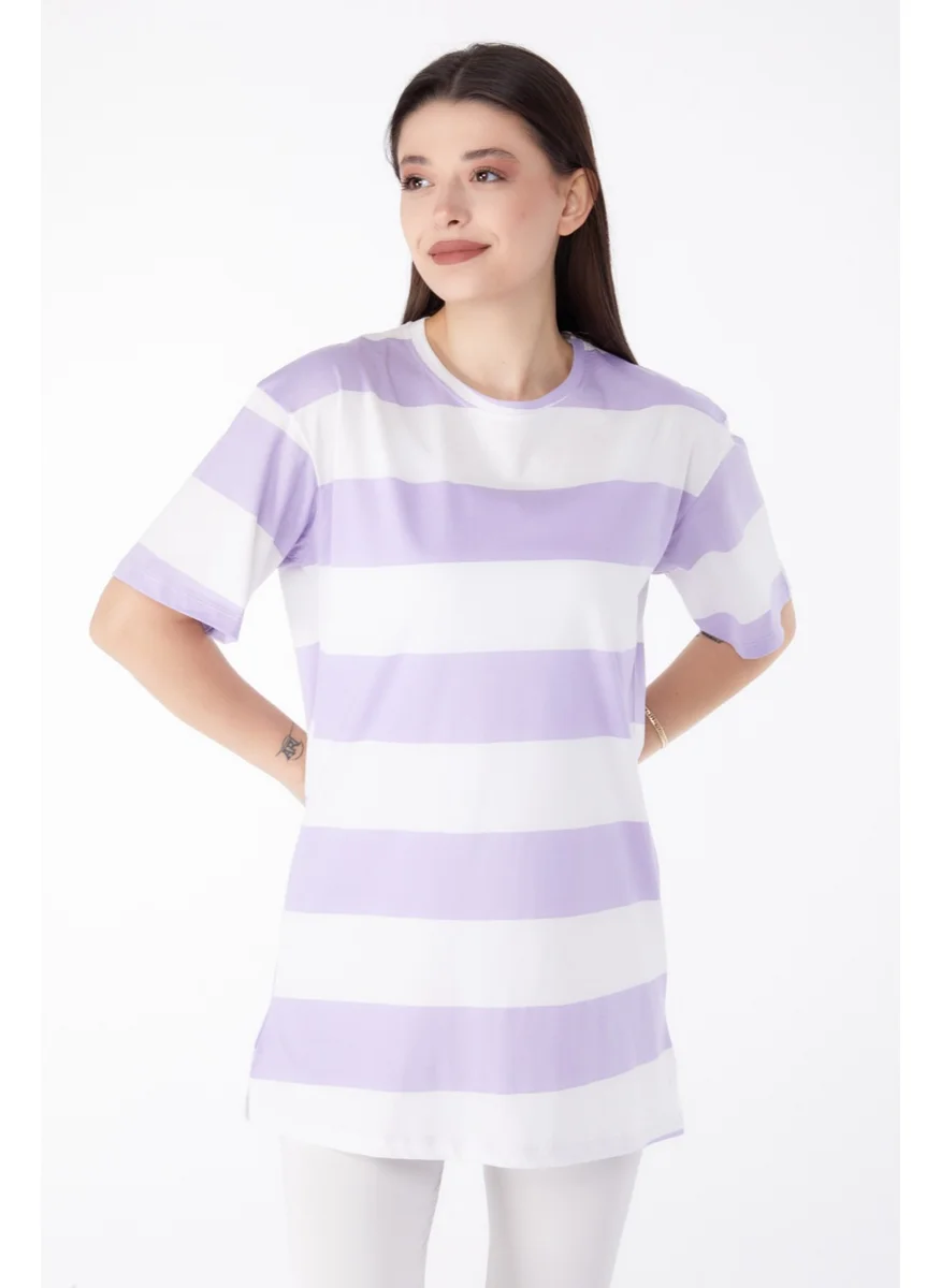 Tofisa Plain Crew Neck Women's Lilac Striped T-Shirt - 25305