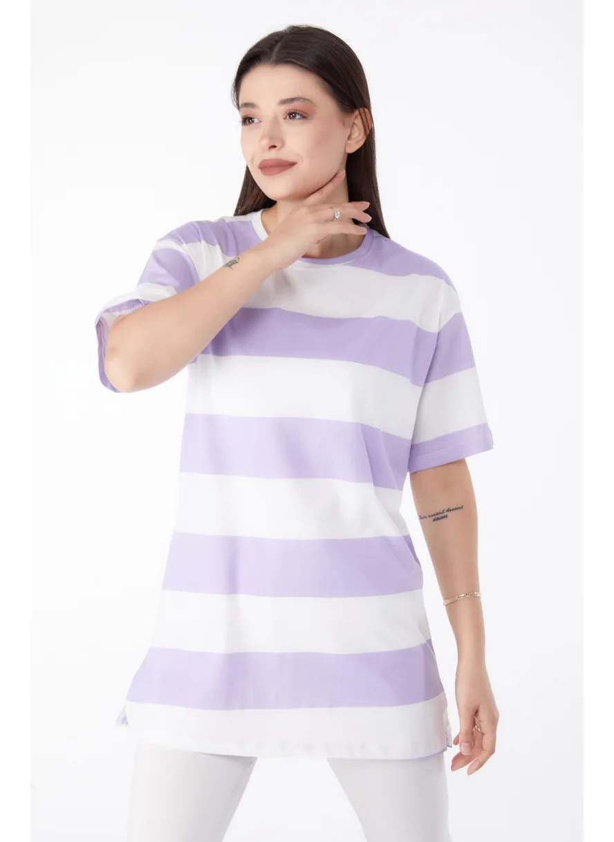 Tofisa Plain Crew Neck Women's Lilac Striped T-Shirt - 25305