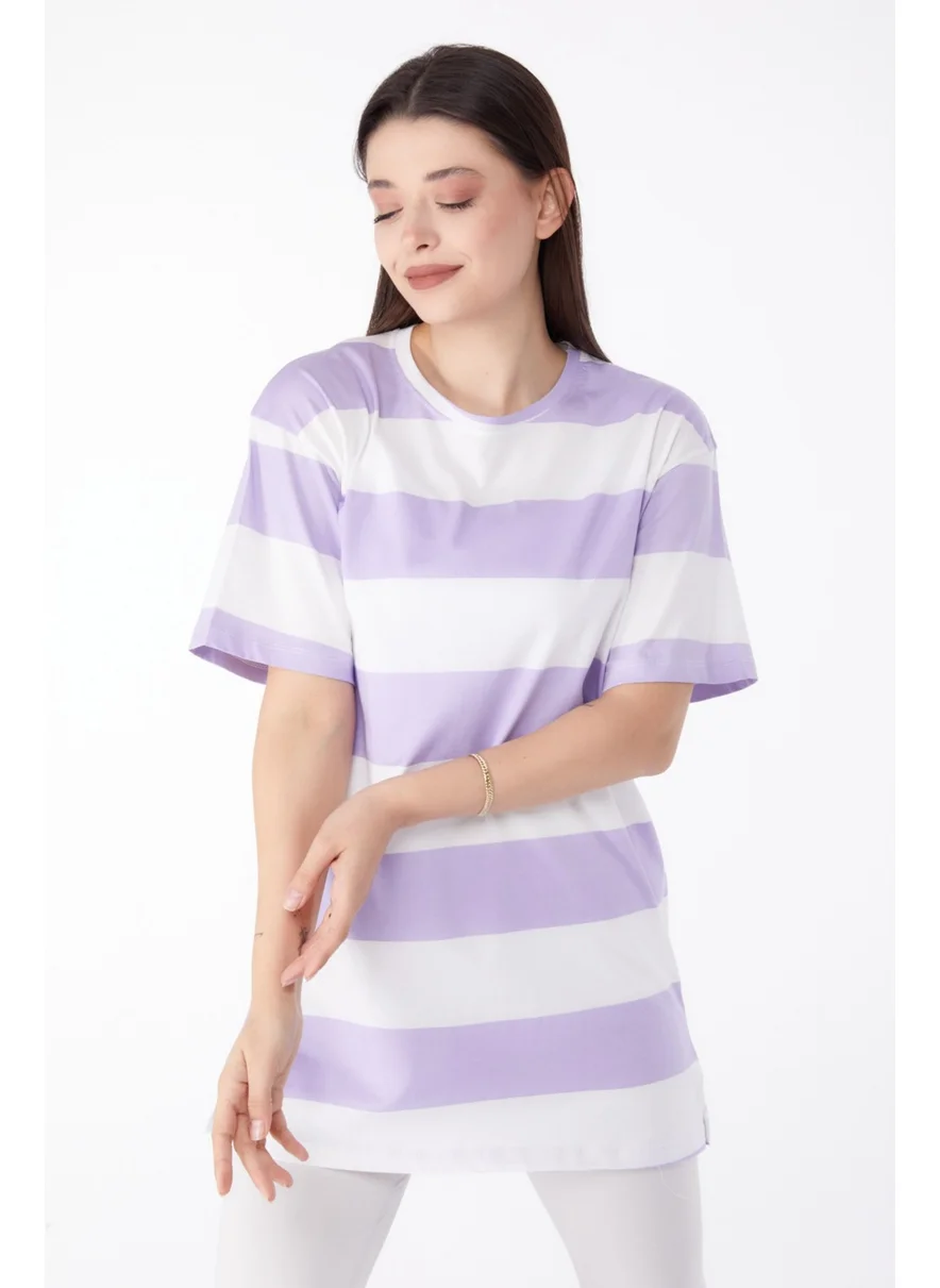 Tofisa Plain Crew Neck Women's Lilac Striped T-Shirt - 25305