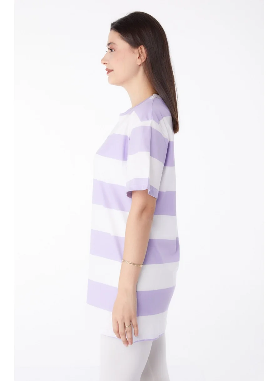 Tofisa Plain Crew Neck Women's Lilac Striped T-Shirt - 25305