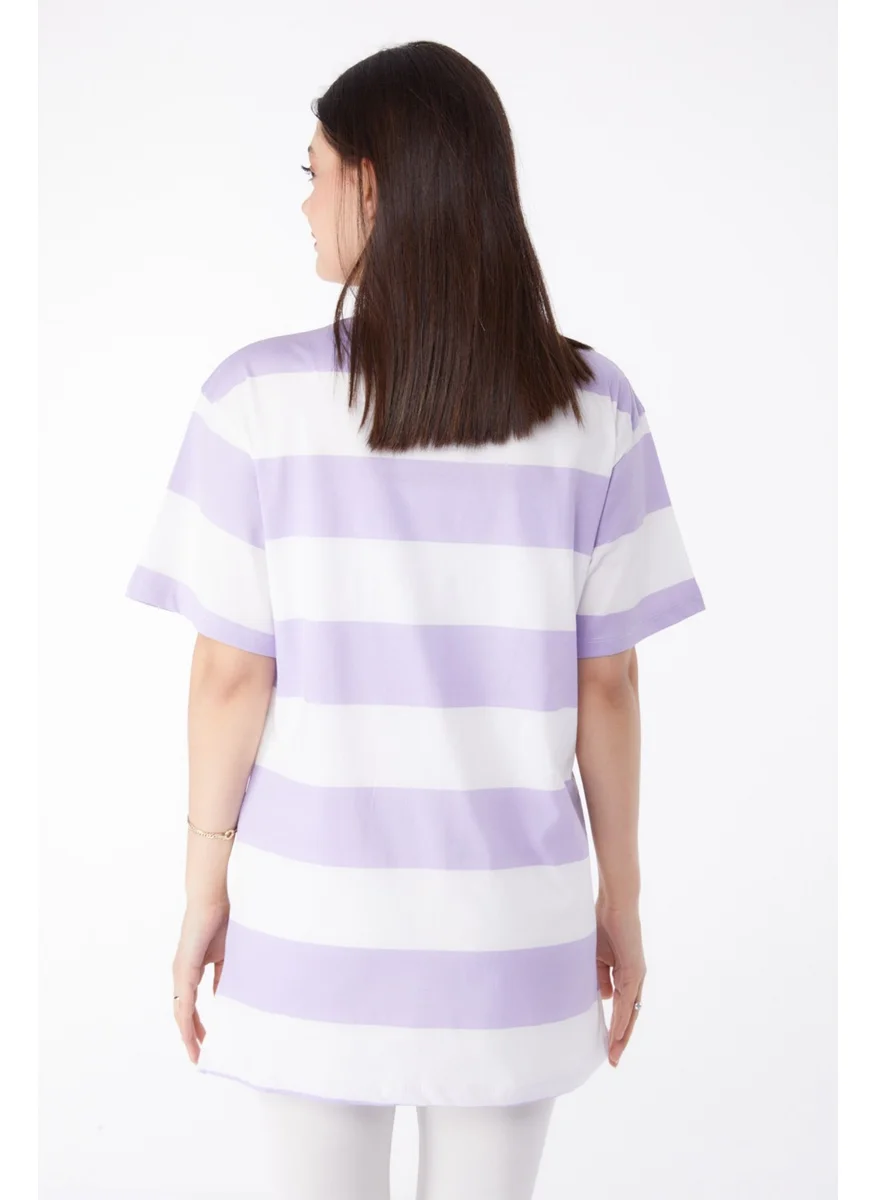 Tofisa Plain Crew Neck Women's Lilac Striped T-Shirt - 25305