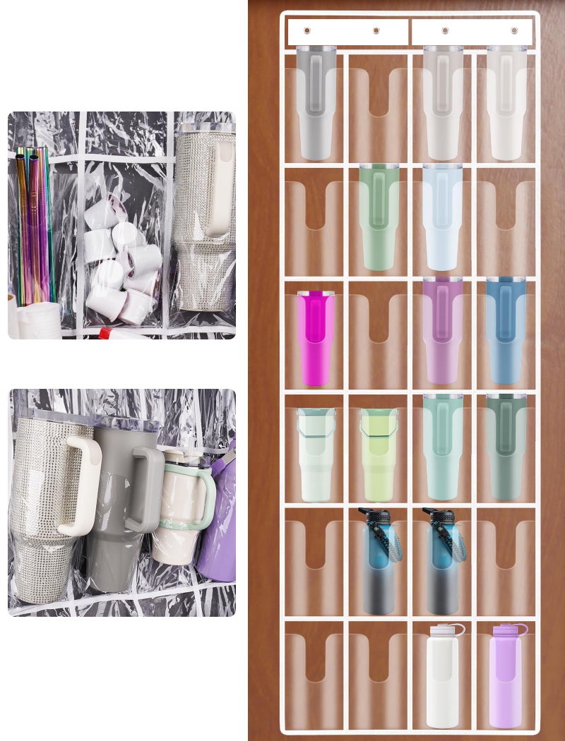 NiHome Clear 24 Pockets Door Hanging Water Bottle Organizer Compatible with 40oz Stanley Tumblers Hanging PVC Storage Holder With Hooks for Cups Mugs Foldable Large Capacity for Kitchen - Image 2