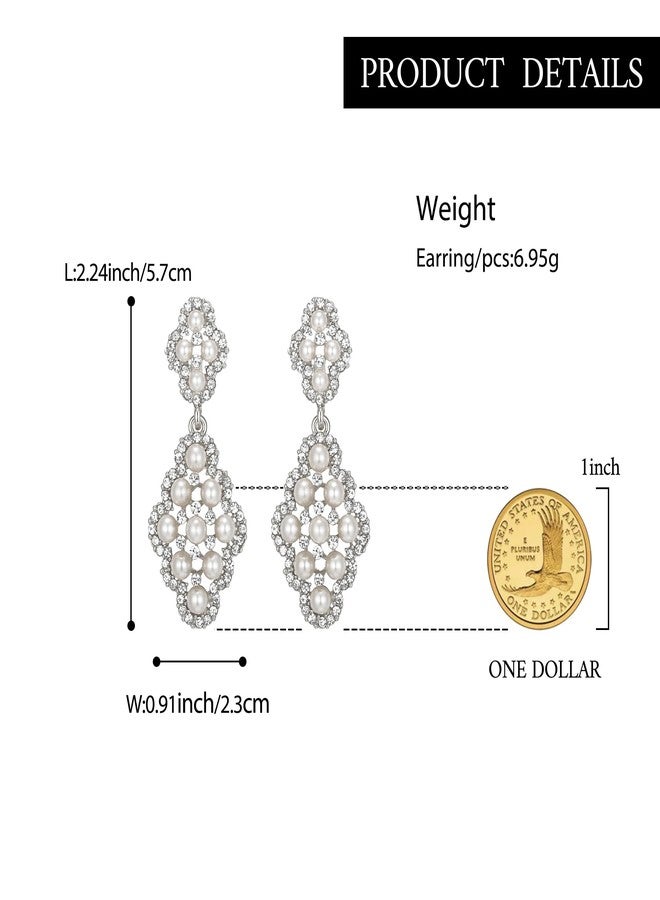 بريلوف أقراط زفاف من اللؤلؤ الصناعي للنساء من بريلوف، بتصميم معين مجوف، مجوهرات متدلية، لون فضي شفاف عاجي - Image 5