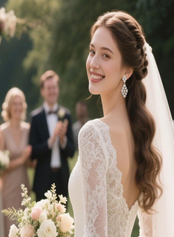 بريلوف أقراط زفاف من اللؤلؤ الصناعي للنساء من بريلوف، بتصميم معين مجوف، مجوهرات متدلية، لون فضي شفاف عاجي - Image 2