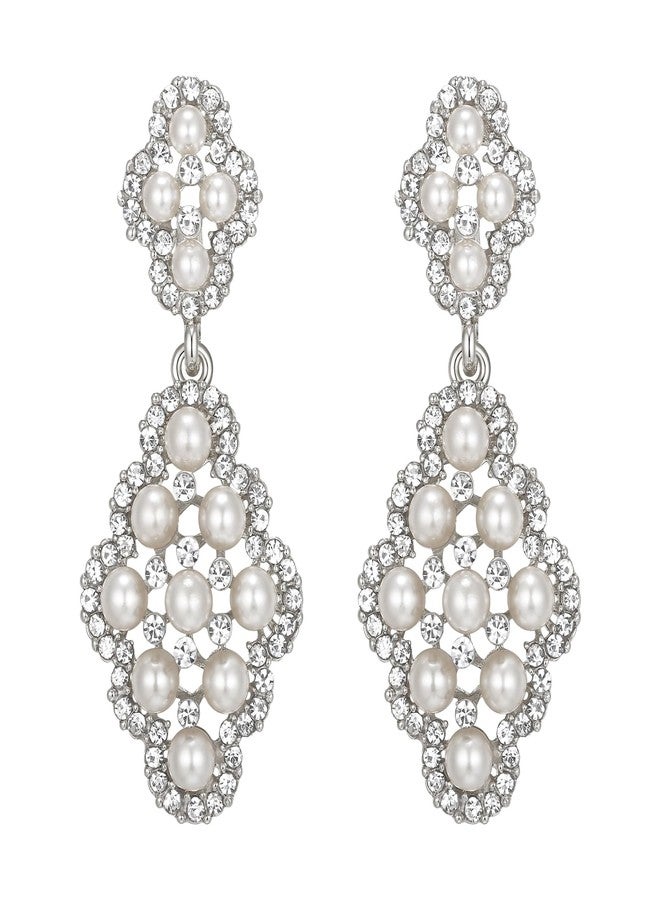 بريلوف أقراط زفاف من اللؤلؤ الصناعي للنساء من بريلوف، بتصميم معين مجوف، مجوهرات متدلية، لون فضي شفاف عاجي - Image 1