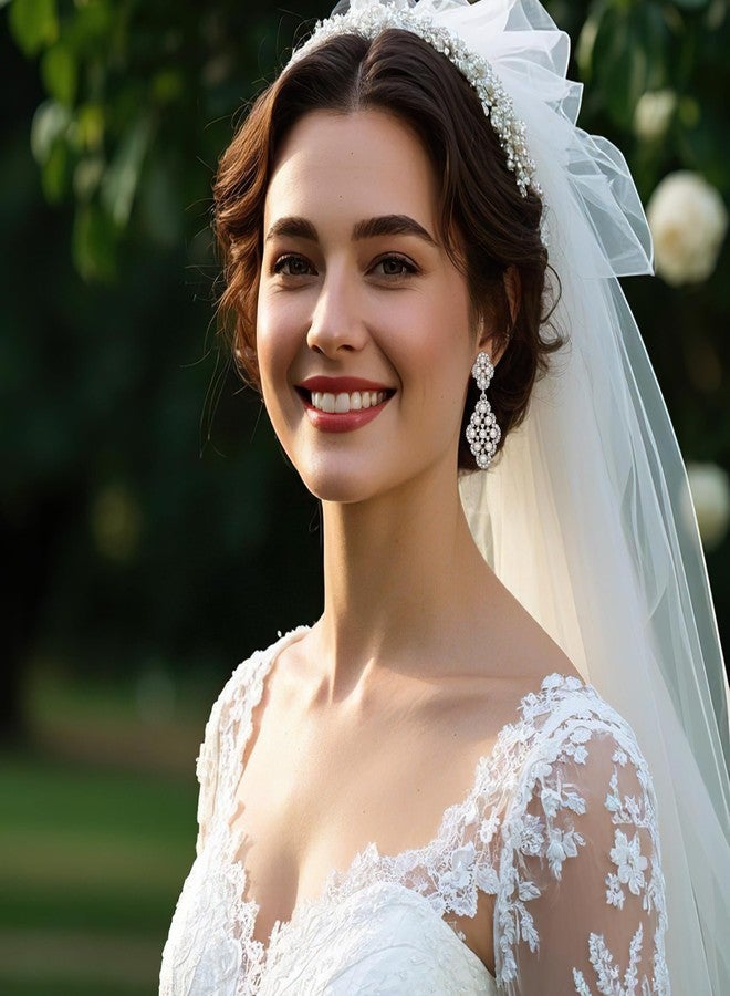 بريلوف أقراط زفاف من اللؤلؤ الصناعي للنساء من بريلوف، بتصميم معين مجوف، مجوهرات متدلية، لون فضي شفاف عاجي - Image 3