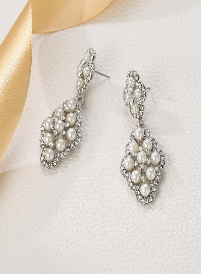 بريلوف أقراط زفاف من اللؤلؤ الصناعي للنساء من بريلوف، بتصميم معين مجوف، مجوهرات متدلية، لون فضي شفاف عاجي - Image 4