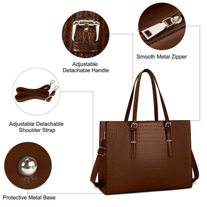 Lubardy Laptop Bag for Women 15.6 Inch Laptop Tote Bag Leather Classy Computer Briefcase for Work Waterproof Handbag Professional Shoulder Bag Women Business Office Bag Large Capacity Coffee - Image 3