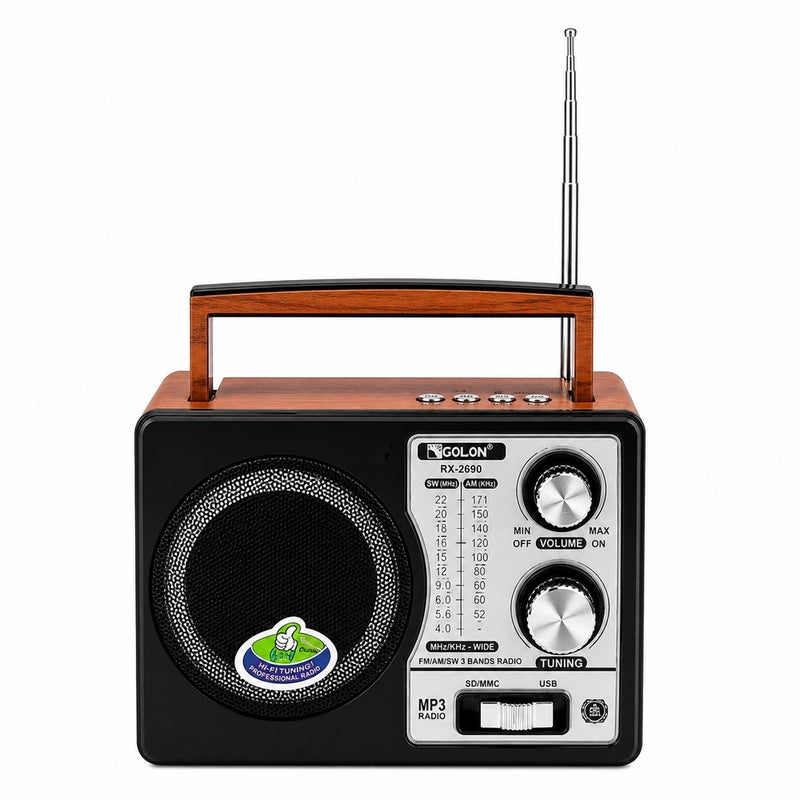 GOLON RX-2690 Portable Wireless BT Music Player ,FM/AM/SW 3-Band Radio with Type-C Charging, USB, TF Card & 1200mAh Battery - A1-312 - Image 1