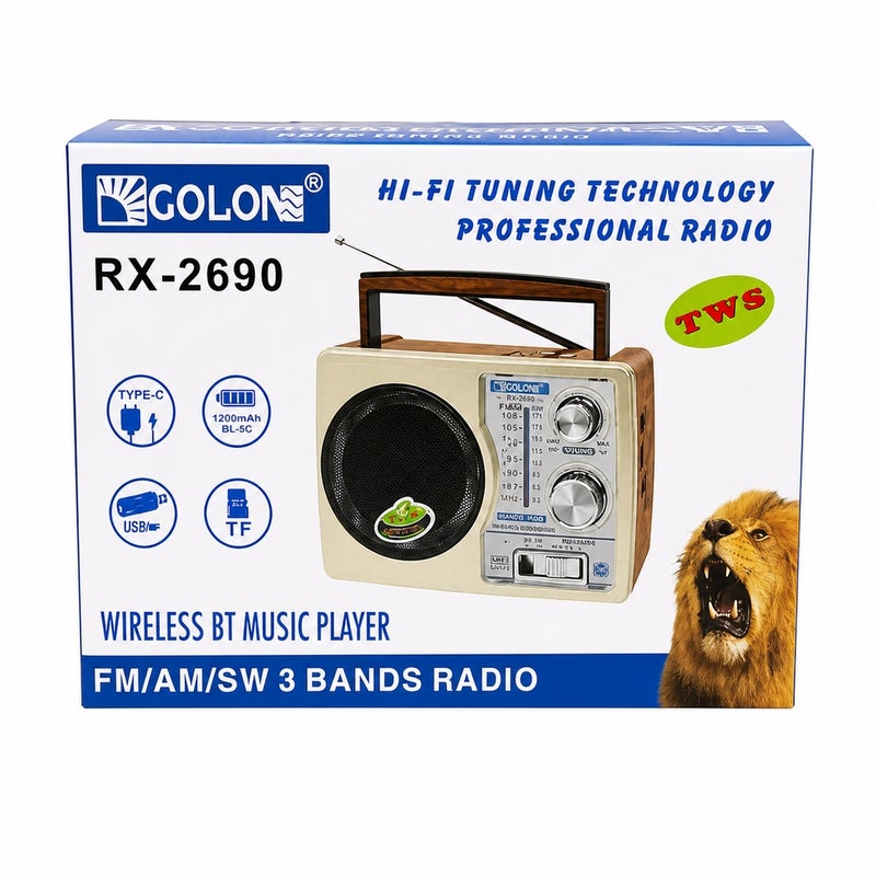 GOLON RX-2690 Portable Wireless BT Music Player ,FM/AM/SW 3-Band Radio with Type-C Charging, USB, TF Card & 1200mAh Battery - A1-312 - Image 5