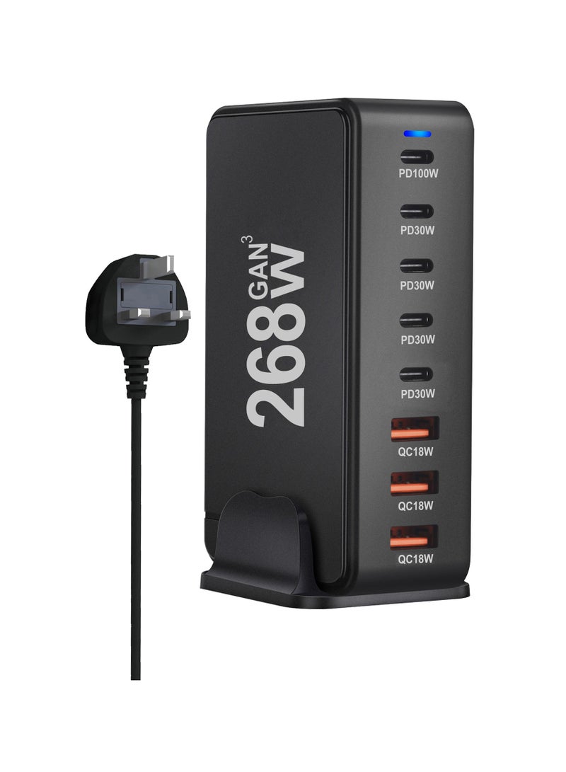 AROAQ 268W Gan USB Type C Fast Charger, Multiple Use 8 Ports PD QC4.0 Laptop Charger, Safe And Durable Desktop Charger Compatible for Macbook Pro/Air/Ipad Pro/Iphone, (268W British Standard, Black) - Image 1