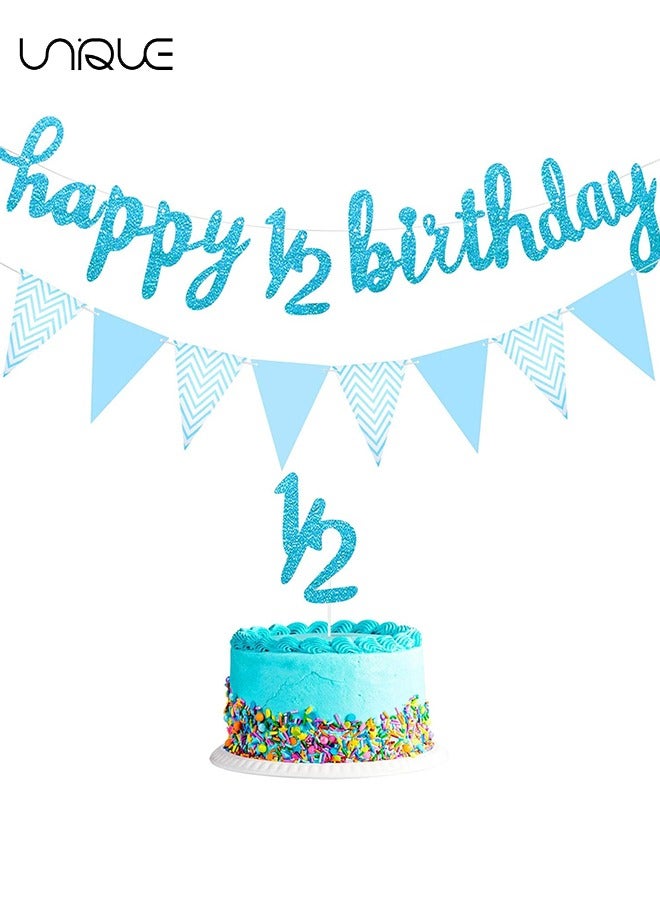 Unique 3 Pcs - 6 Months Banner Happy Birthday Banner Happy 1/2 Birthday Banner Glitter 1/2 Half Year Cake Topper Triangle Flag Banner for Half Year Baby Shower Birthday Party Decoration, Pre-strung (Blue)  - Image 1
